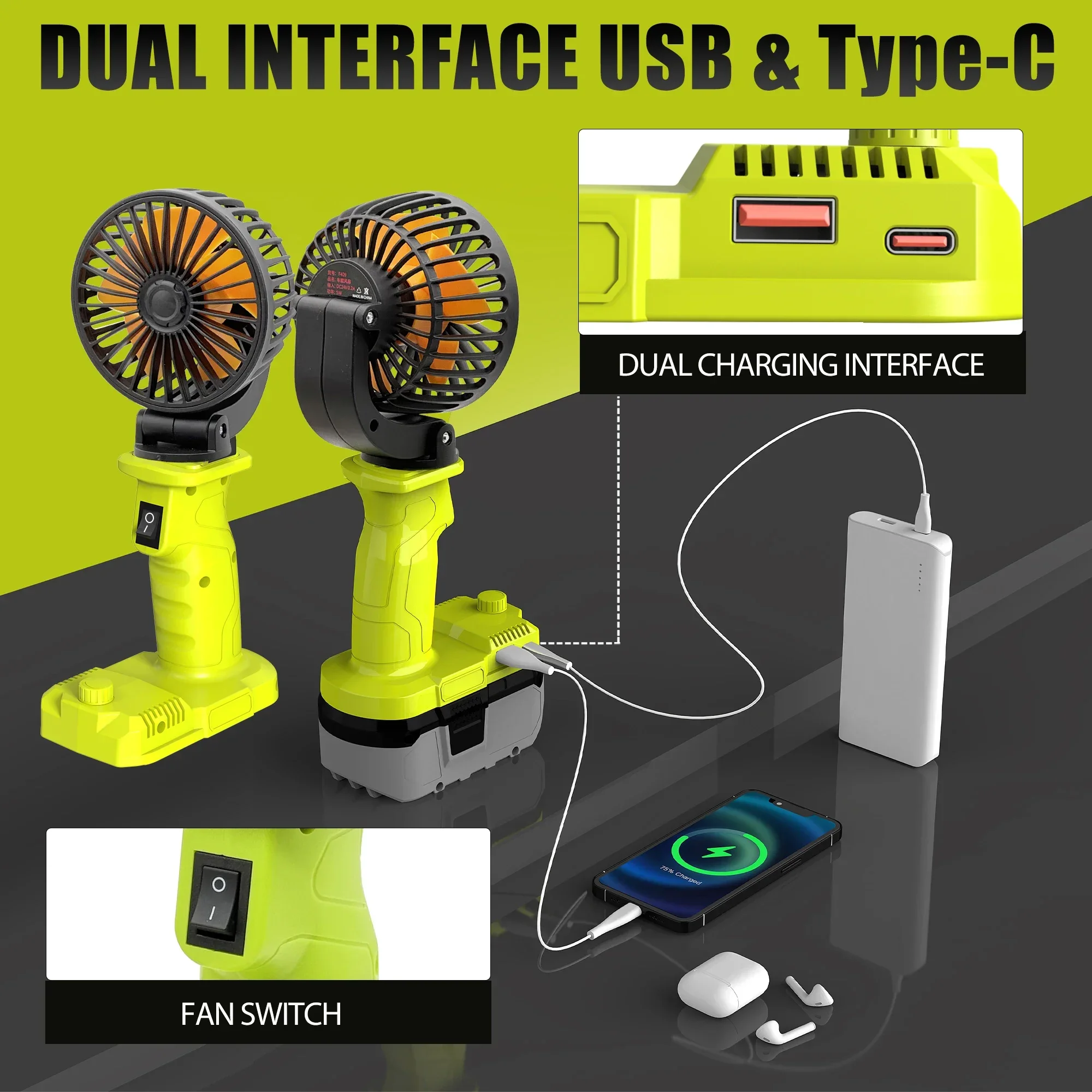 Power Tools Ryobi - リョービ18Vリチウムイオン電池USB Type-Cモバイルバッテリー無段階風量調節卓上扇風機折りたたみ式電動ファン用P108電動工具部品