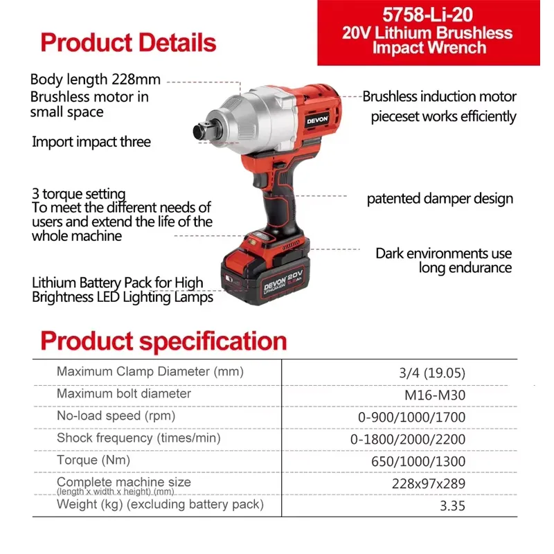 デボン 20V 大トルク 3段階トルク設定 インパクトレンチ - Power Tools Cordless のレビューと価格